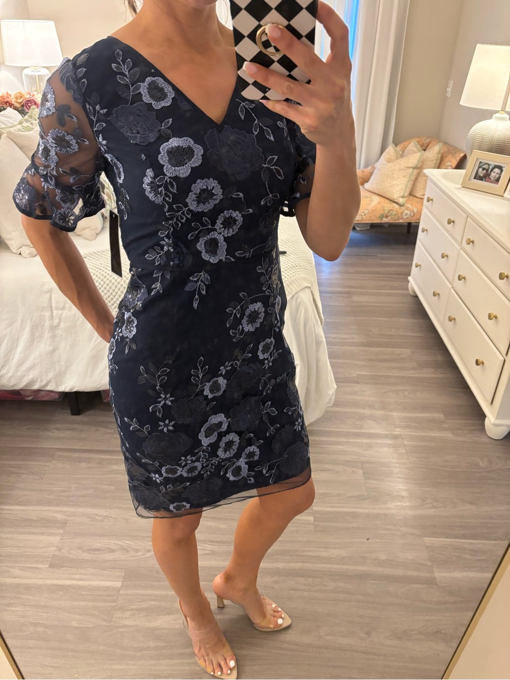 👗 SHANI COLLECTION V-Neck Embroidered Sheath Dress — Navy